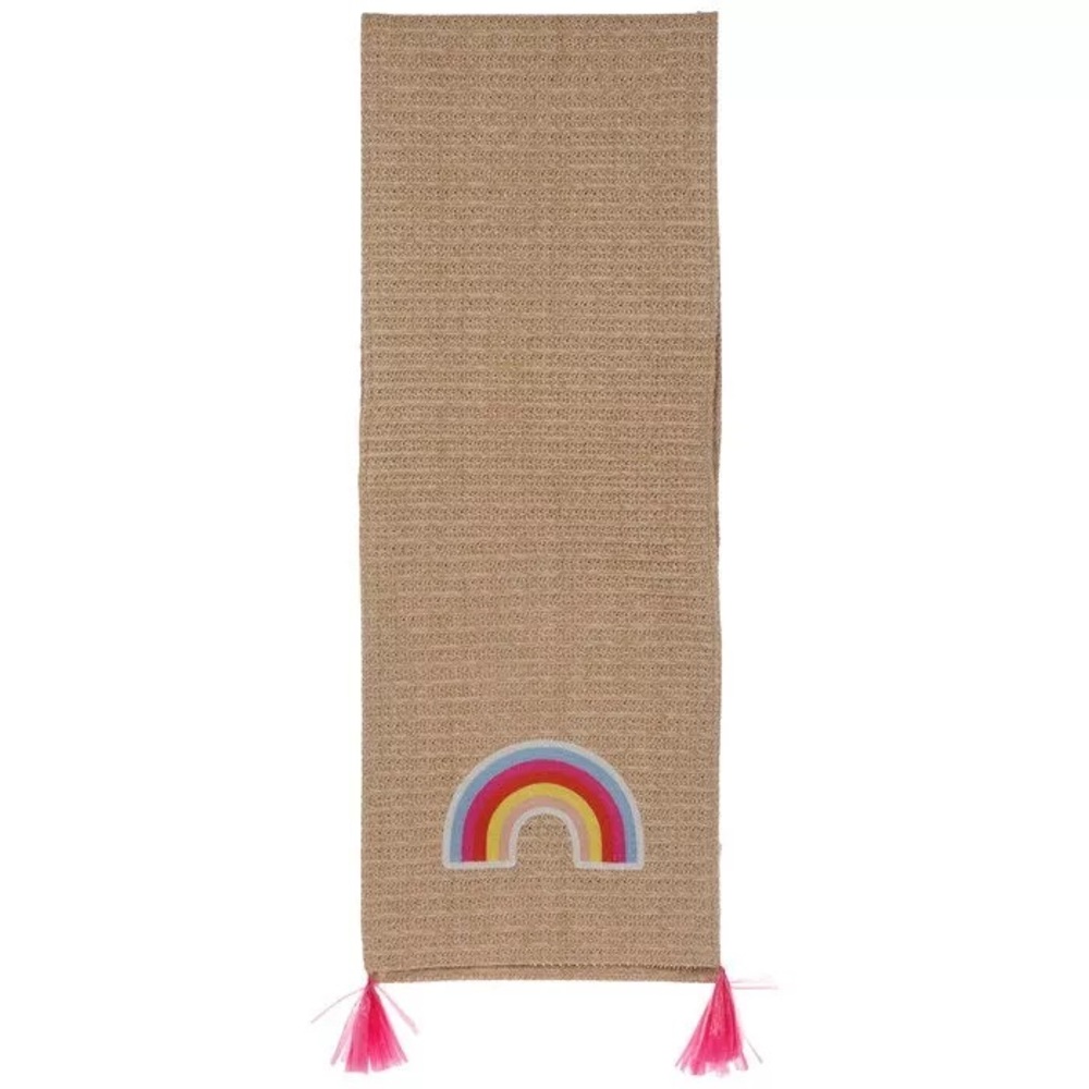 Rainbow Embroidered Woven Table Runner with Hot Pink Tassels